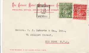 Australia to US MELBOURNE GV 1d 2d Colonial Mutual Fire Insurance PERFIN 1936 - Picture 1 of 1