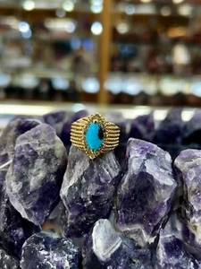 14KT GOLD HIGH GRADE PERSIAN TURQUOISE DIAMOND WOMENS RING - Picture 1 of 10