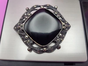 Antique Sterling Silver Black Onyx & Marcasite Gem Art-Deco Pin Brooch - Picture 1 of 12