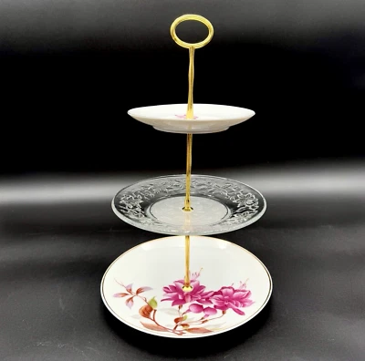 Soporte para pasteles floral rosa Fuscia servidor de postres platos vintage de 3 niveles herrajes nuevos Foto 1 de 4