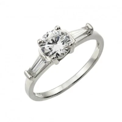 Argento Sterling Donna Anello W/6mm (1 KT) Taglio Rotondo Centrale & Baguette Cz - Immagine 1 di 2