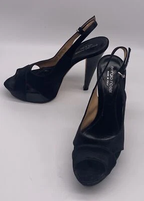 Sergio Rossi Negro Correa Cuero Peep Toe Mini Plataforma Bomba Tacón Talla 37 EE. UU. 7 Foto 1 de 4