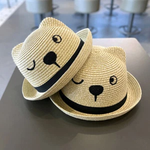 Baby Infant Summer Straw Hat Kids Boys Girls Cartoon Bear Fedora Sun Cap Holiday - Picture 1 of 10