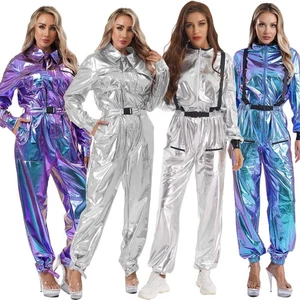 Women Shiny Metallic Overalls Mechanic Suit Turn-down Collar One Piece Jumpsuits - Picture 1 of 62