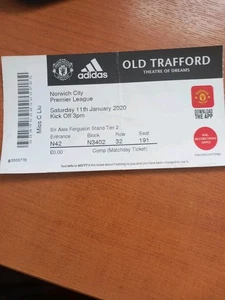 TICKET MAN UTD V NORWICH 2019/20 COVID SEASON 11TH JANUARY 2020 - Picture 1 of 1