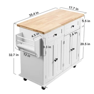 Succebuy 2-Door 1/2 3-Drawer White Mobile Kitchen Island Rubber Wood Desktop Rol - Picture 1 of 15