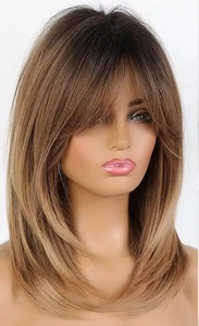 NATURAL LONG BANGS STRAIGHT LAYERED WIG OMBRE BROWN BLONDE NEW TAGS USA NOW! - Picture 1 of 8
