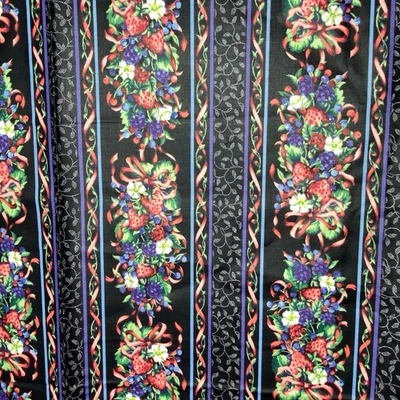 Cranston Collection Vintage Cotton Floral Stripe Strawberries Berries Black 4.5y - Image 1 of 4