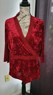 Винтажный AVENUE плюс размер бархата длинным рукавом верхний красный w кружевной отделки Sz l4/16 - Изображение 1 из 4