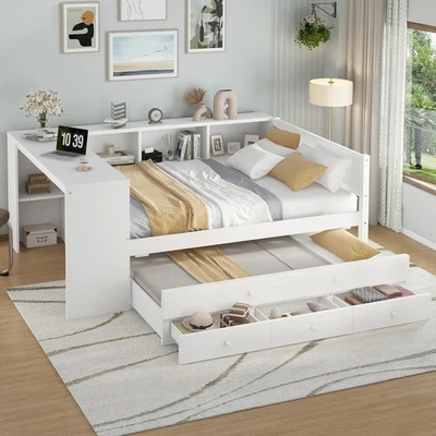 Full Size Daybed, Wood Day Bed Frame, Daybed w Desk, No Spring Box Needed, White - Image 1 of 4