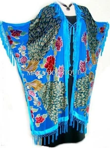 Kimono Opera Coat Beaded Burnout Velvet Peacock & Rose Turquoise Maya Matazaro - Picture 1 of 6