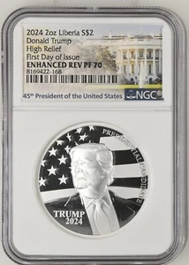 2 oz Silver Coin 2024 Liberia Donald Trump High Relief NGC PF 70 ENH REV PF FDOI - Picture 1 of 3