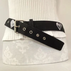 Womens Black Canvas Belt Large Waist Embellished Hearts Grommets Buckle Roller - Picture 1 of 10