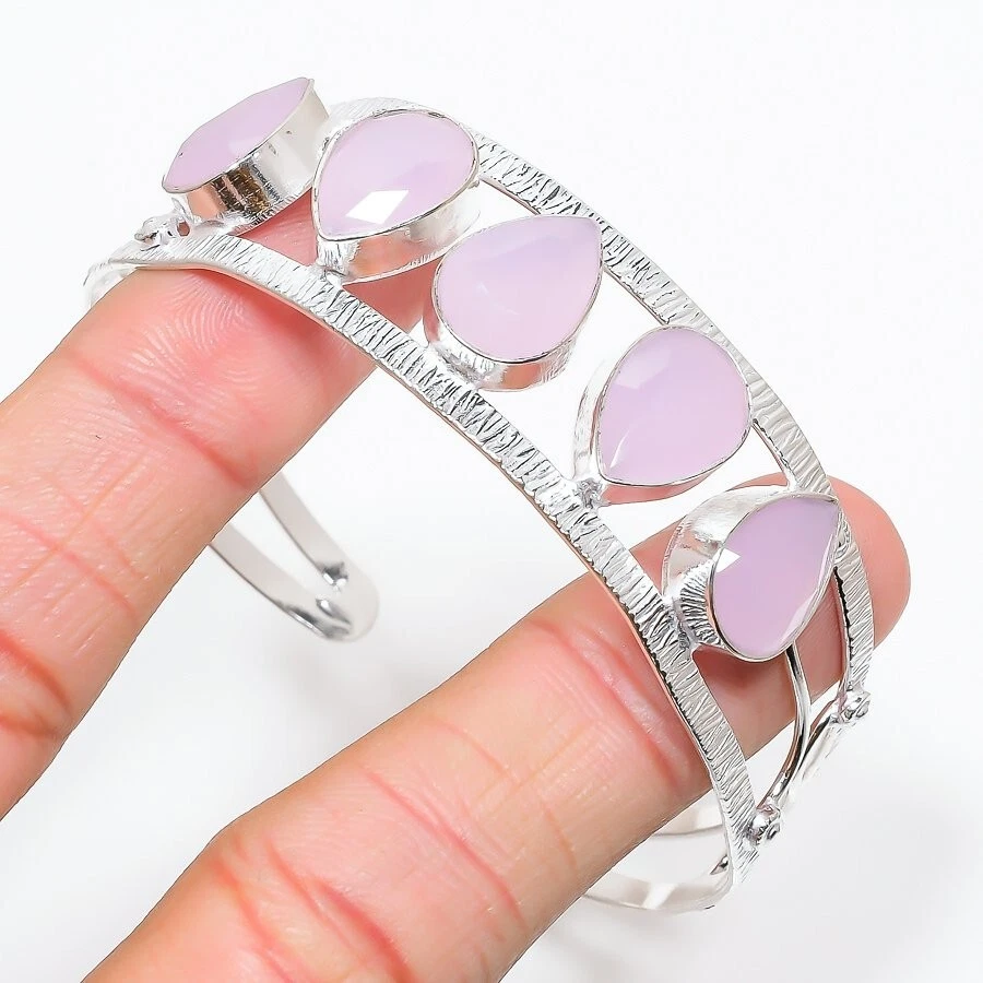 Brazalete ajustable de plata de ley 925 hecha a mano con piedras preciosas de cuarzo rosa rosa Foto 1 de 1