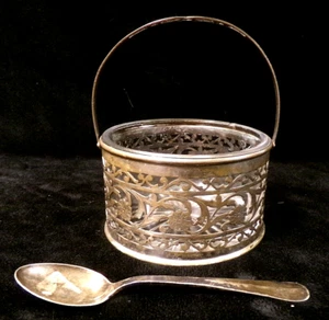 ANTIQUE CLEAR CRYSTAL SUGAR BOWL w/SILVERPLATED FLORAL OVERLAY, HANDLE + SPOON - Picture 1 of 7