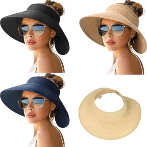 Womens Sun Visor Hats Wide Brim Straw Beach Hat UV Protection Ponytail Packable - Picture 1 of 25