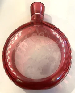 Cranberry Glass Cut to Clear Etched Bottle Flask Old 6 1/4" tall - Picture 1 of 9