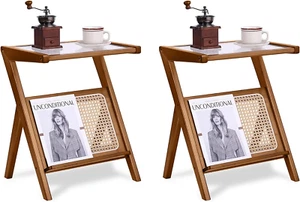 2 Pack Rattan Side Table, Mid Century Nightstand, Bamboo Accent Bedside Tables, - Picture 1 of 7