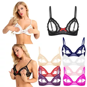 Womens Adult Underwire Hollow Out Open Nipple Bra Tops Floral Lace Push Up - Picture 1 of 87