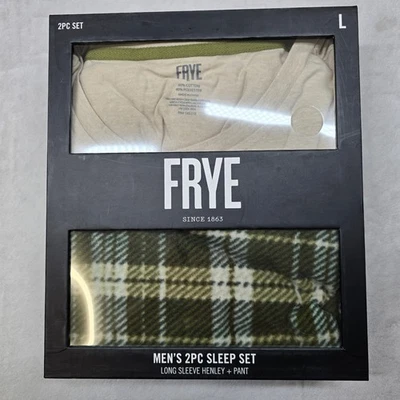 FRYE Juego de Dormir 2 Piezas Para Hombre Grande Manga Larga Henley Pantalón Taupe Cuadros NUEVO Foto 1 de 3