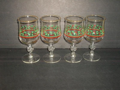 Juego de 4 copas de vino Arby's Christmas Holly Berry 1987 vástago de arco borde dorado EE. UU. Foto 1 de 4
