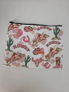 New Howdy Western-Themed Canvas Zipper Pouch 9x7 In With Cowboy & Cowgirl Print - Picture 1 of 9