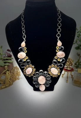 Impresionante collar vintage plateado rosa negro piedras de vidrio citrino Foto 1 de 4