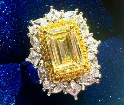 5.60CT Emerald Cut Lab Grown Fancy Yellow Diamond Halo Ring 14k Multi Tone Gold - image 1 of 4