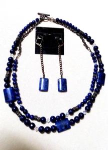 Vintage/Dark Blue SilverTone&Aurora Borealis Beads Necklace/Pierced Earrings - Picture 1 of 8