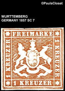 WURTTEMBERG 1857 SC 7 COAT OF ARMS 1k YELLOW BROWN IMPERFORATE MNG VERY FINE - Picture 1 of 2