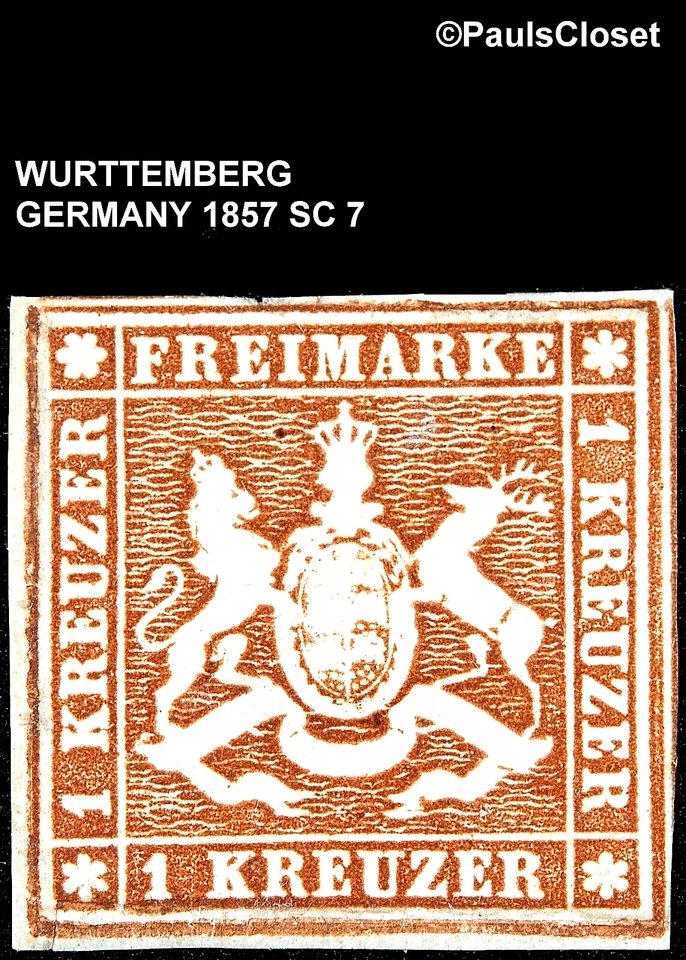 WURTTEMBERG 1857 SC 7 COAT OF ARMS 1k YELLOW BROWN IMPERFORATE MNG VERY FINE - Image 1 of 2