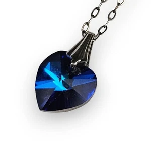 Vintage Heart Pendant Sterling Chain Necklace Faceted Deep Blue Glass 925 Silver - Picture 1 of 12