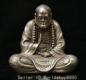5" Old Chinese Qianlong White Copper Arhat Damo Bodhidharma Dharma Buddha Statue - Picture 1 of 7