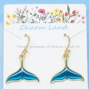 Blue Green Whale Tail Earrings Enamel & Gold Plated Mermaid Tail 040103 - Picture 1 of 5