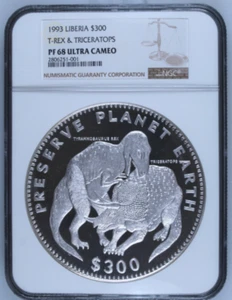 1993 Kilo Liberia Silver S$300 T-Rex & Triceratops NGC PF68UC Mintage 151 Only - Picture 1 of 4