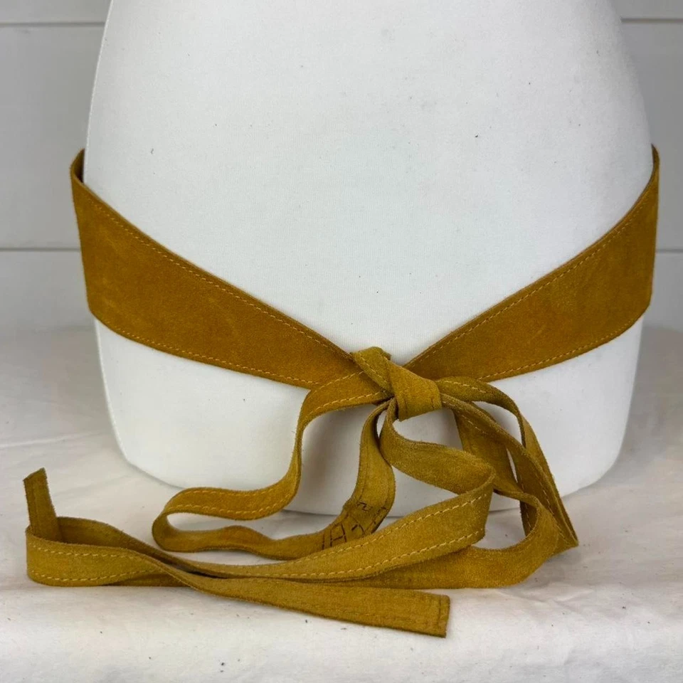 Vintage 90s Vera Pelle wide double wrap soft suede belt in yellow. Self tie bow - Image 1 of 4