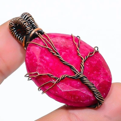 Ruby Simulated Gemstone Handmade Copper Wire Wrap Jewelry Pendant 1.85" - Image 1 of 4