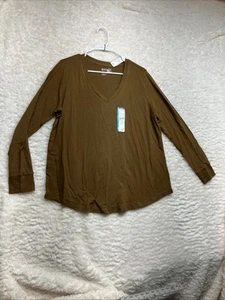 TERRA & SKY SEMI-FITTED V-Neck Stretch Soft Brown Long Sleeve T-Shirt Sz 0X NWT - Picture 1 of 13