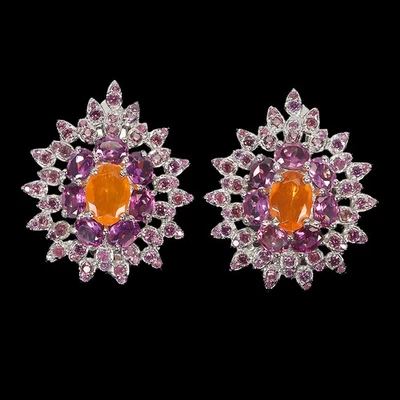 925 Sterling Silver Earrings Oval Orange Opal 7x5mm Rhodolite Gemstone Jewelry - Image 1 of 4