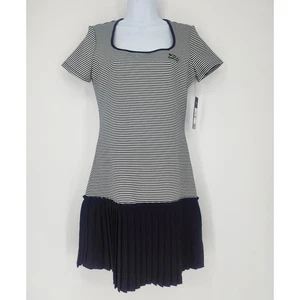 Vestido Karl Lagerfeld Paris tejido a rayas dobladillo plisado negro blanco XS NUEVO CON ETIQUETAS - Imagen 1 de 14