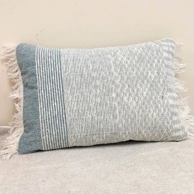 Threshold Pillow. Blue and White. 20in. x 14in. Fringed Ends. - Image 1 of 4
