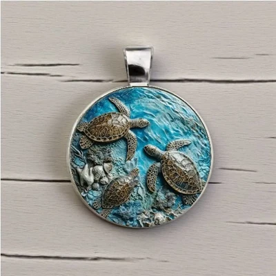 Sea Turtles Ocean Life Round Glass Art Pendant / Charm (No Chain) - Image 1 of 4