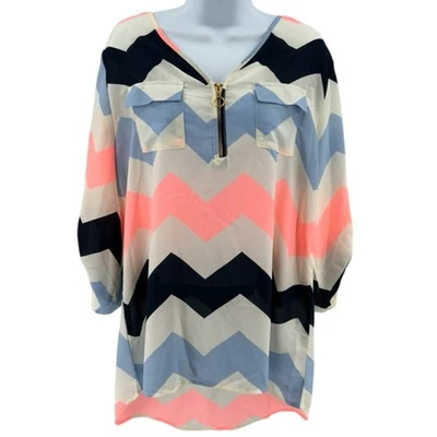 Rue 21 Tunic Top WMNS XL Sheer V-Neck Zip Up White Pink Chevron Roll Tab Sleeves - Image 1 of 4