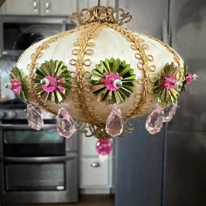 Vintage Pink handmade Push Pink Jeweled Gold Green Beaded Christmas Ornament - Picture 1 of 7