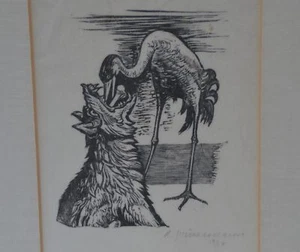 Der Wolf u. der Kranich Fabel Phaedrus Woodblock Print Blockdruck sig. Limitiert - Bild 1 von 5