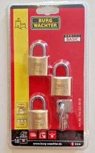 3 Stück Zylinder-Vorhängeschloss Burg-Wächter 30mm gleichschließend Messing - Bild 1 von 1