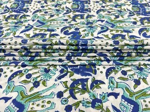 Indian Hand Block Printed Cotton Fabric Blue Animal Craft Voile fabric By 5 Yard - Picture 1 of 13