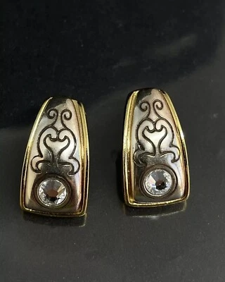 BRIGHTON EARRINGS J HOOP Scrolled Silver & Gold with Crystals Pierced Signed - Image 1 of 2