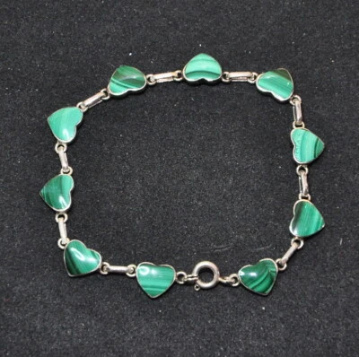 Bracciale Argento 950 Braccialetto Donna 10 Cuori  Malachite verde  - Immagine 1 di 4