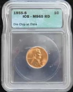 error 1955 s lincoln cent die chip near date icg graded ms65 rd - Picture 1 of 3